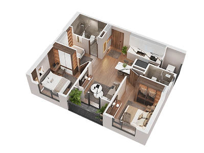 Mặt bằng căn điển hình 2 phòng ngủ plus
